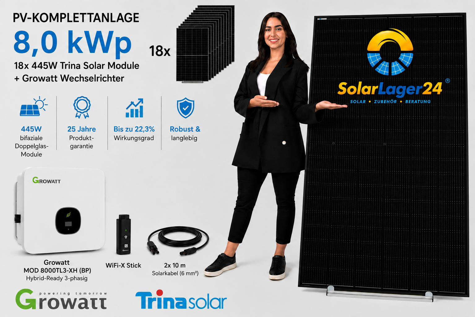 PV-Komplettanlage 8 kWp | 18× Trina Solar Vertex S+ 445W bifazial | Growatt MOD 8000TL3-XH (BP)
