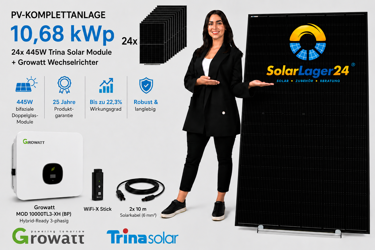 PV-Komplettanlage 10 kWp | 24× Trina Solar Vertex S+ 445W bifazial | Growatt MOD 10000TL3-XH (BP)