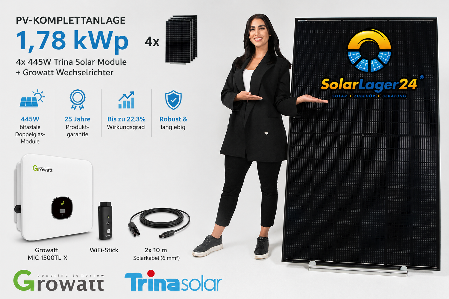 PV-Komplettanlage 1,78 kWp | Trina Solar 445W bifazial & Growatt MIC 1500TL-X