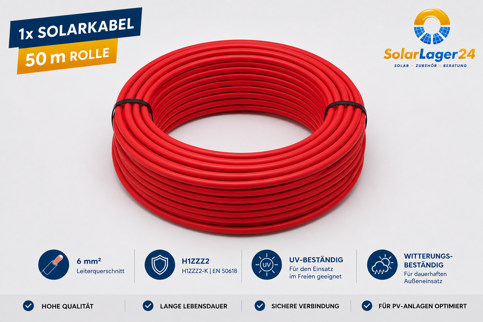 Solarkabel 6mm² Rot – 50 m Rolle | UV- & Witterungsbeständig für PV-Anlagen