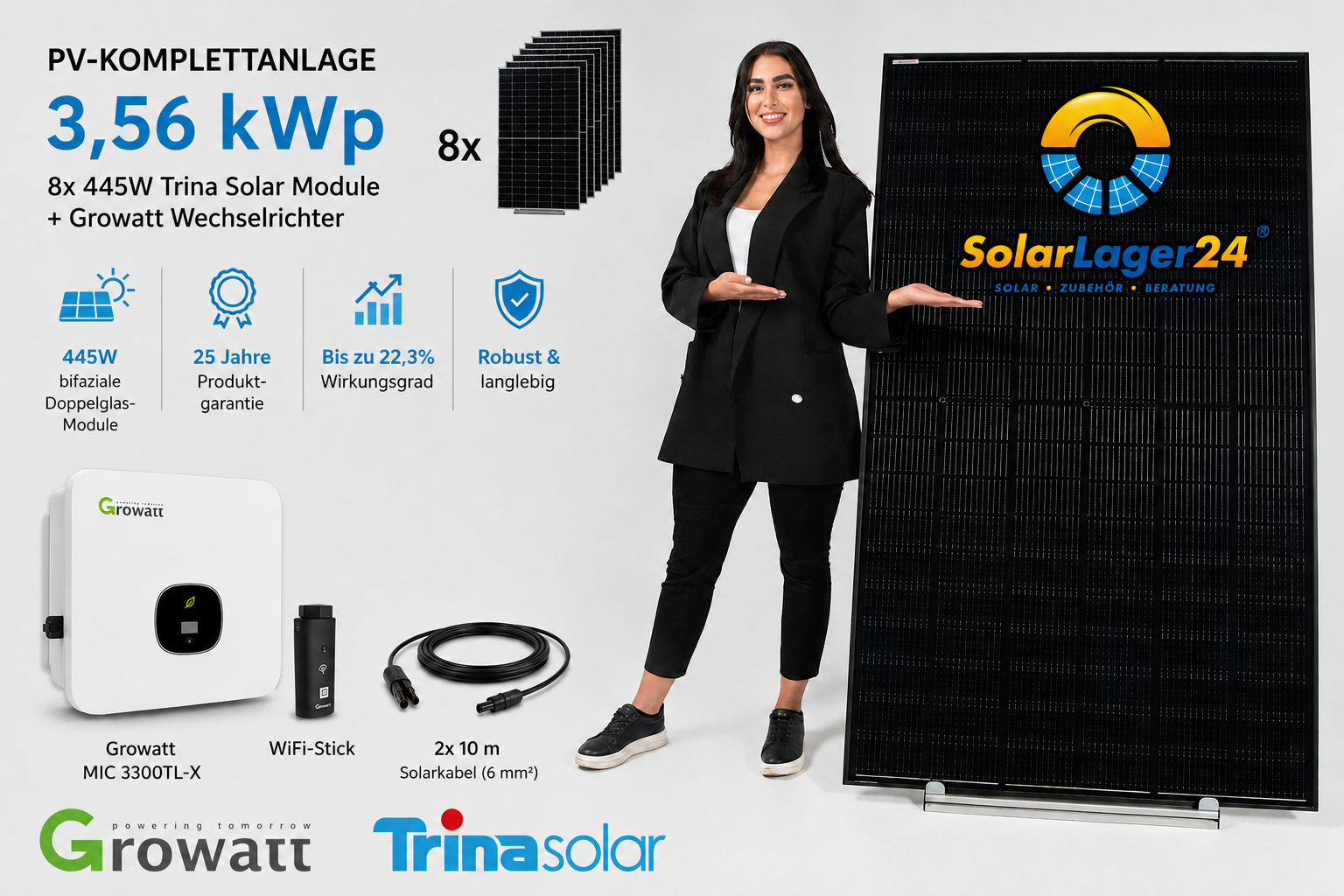 PV-Komplettanlage 3,56 kWp | Trina Vertex S+ bifazial | Growatt Wechselrichter | Photovoltaik 