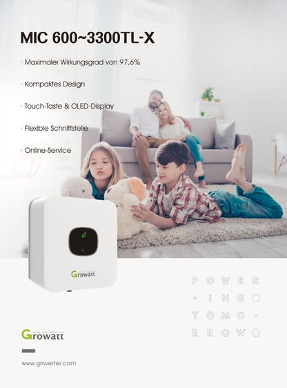 Growatt MIC 600~3300TL-X inverter with OLED display for efficient energy management.