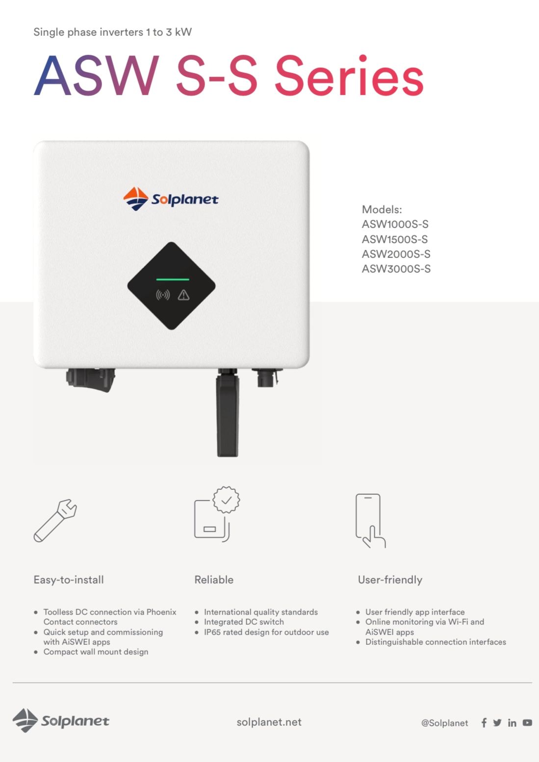 SOLPLANET Wechselrichter ASW1000 /1500 / 2000 / 3000S-S inkl. WiFi-Stick ## 1 MPPT, 1-phasig ##