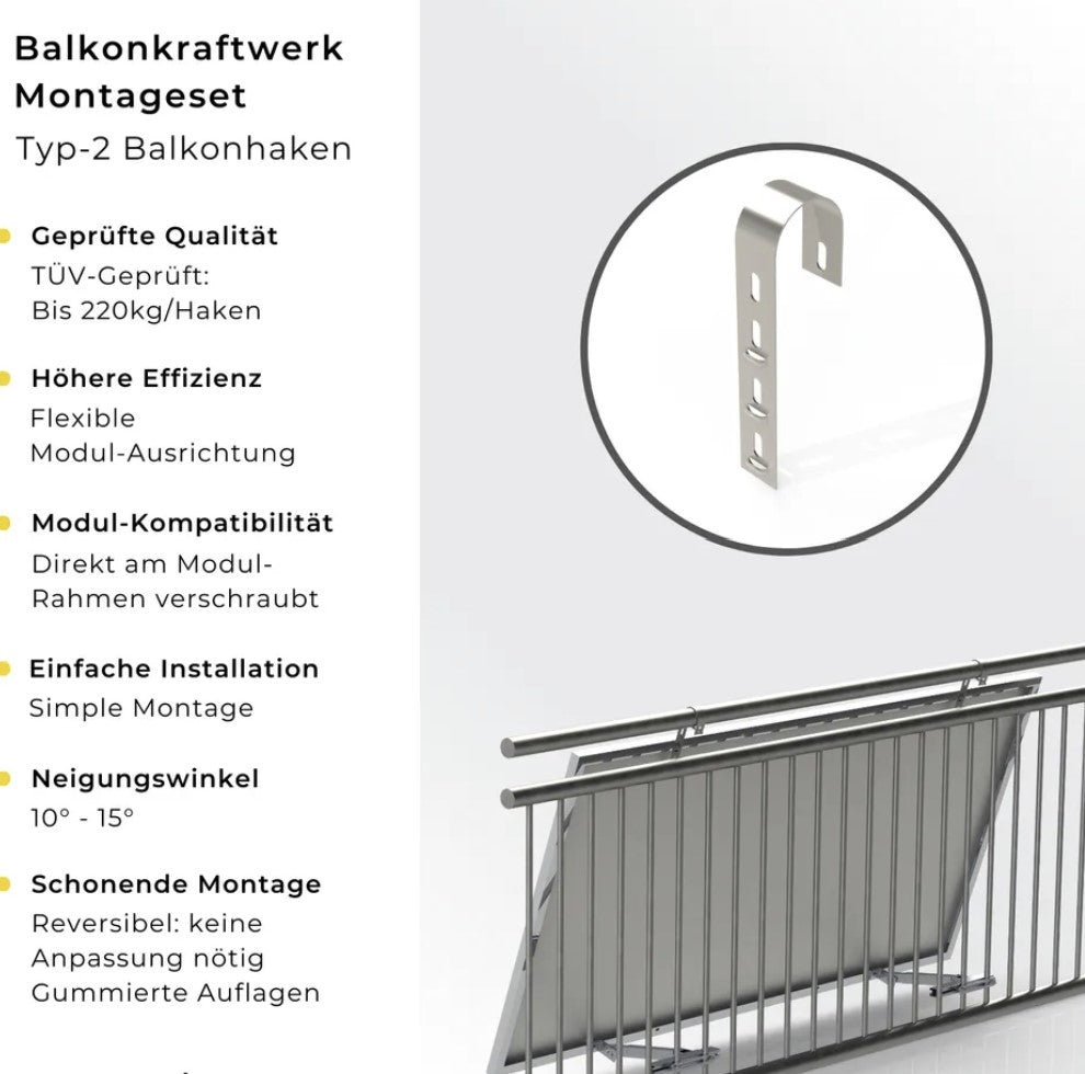 Befestigungssystem für Balkonkraftwerk, Balkonhaken-Set für Solarmodule