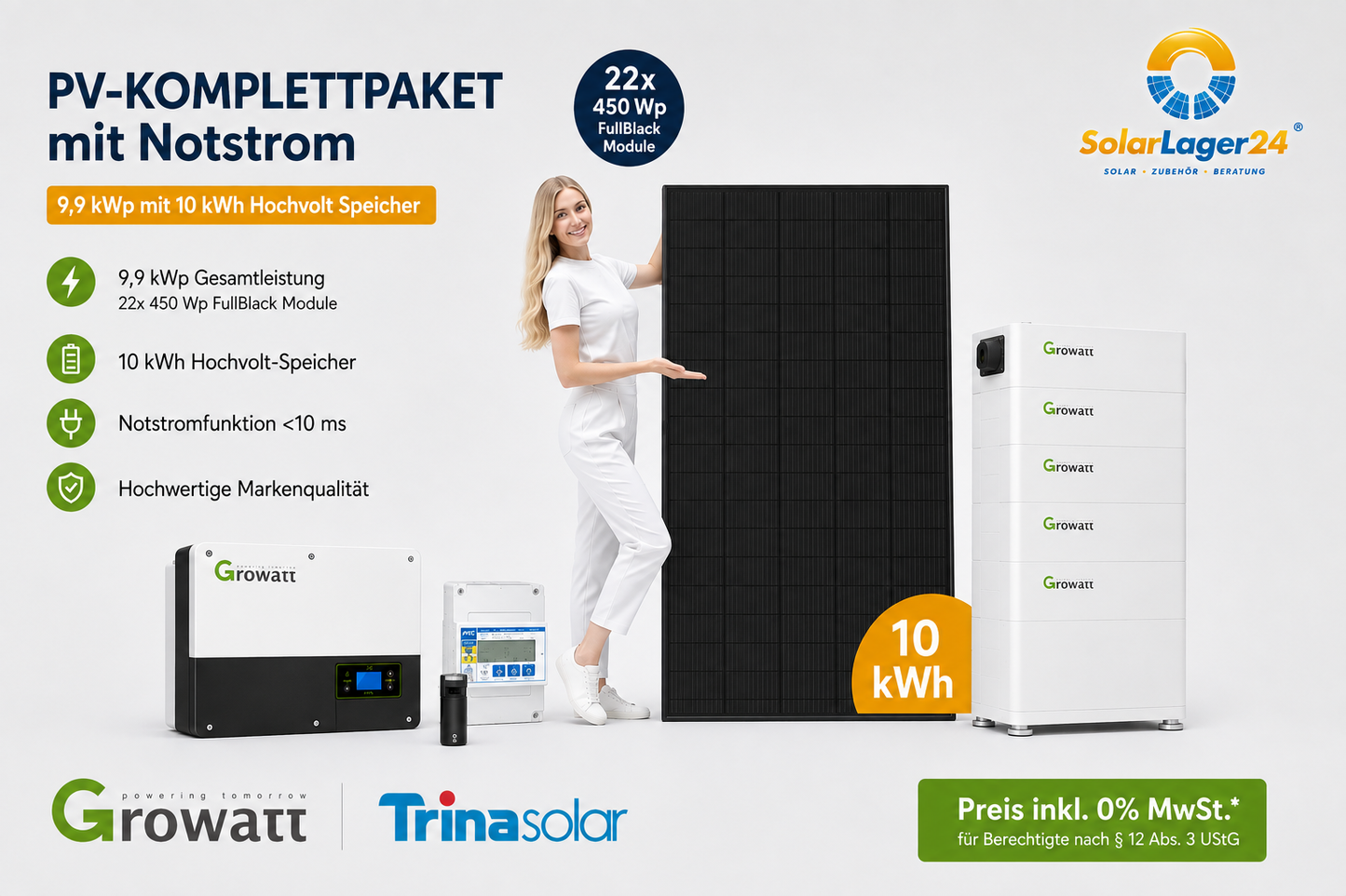 PV-Komplettpaket 9,9 kWp FullBlack mit Notstrom | 10 Kwh ARK Batterie Speicher