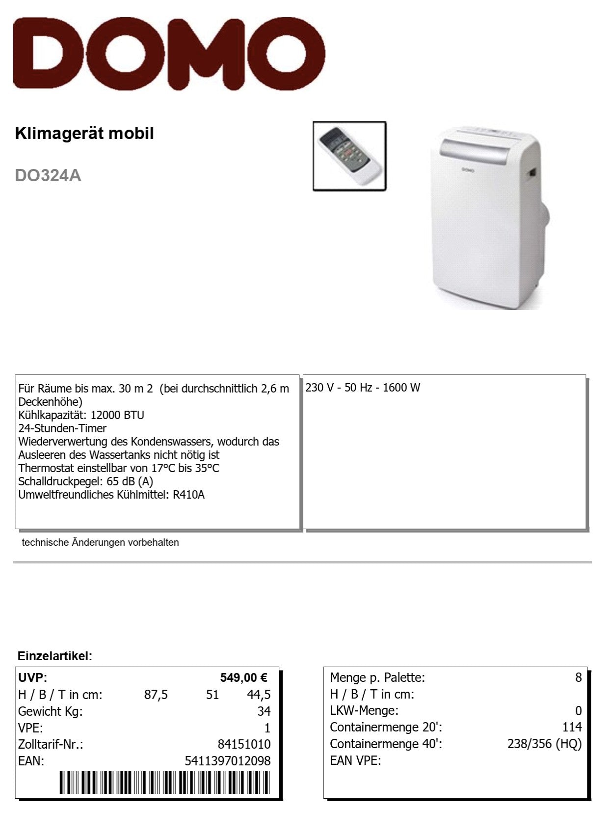 Klimagerät DO324A mobil, DOMO