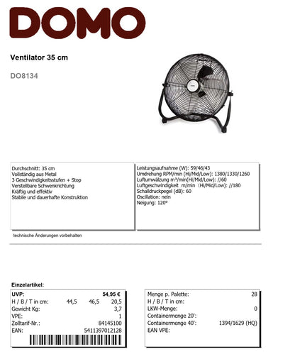 DOMO Ventilator 35 cm schwarz, DO8134