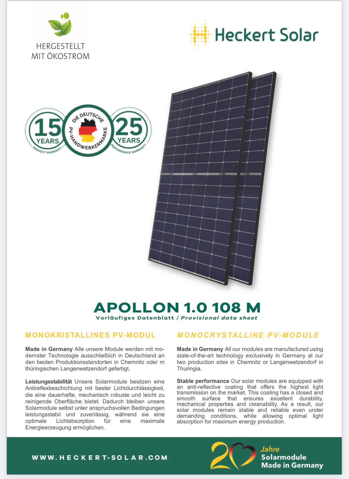 Heckert Solar 435W Solarmodul Apollon 1.0 108 M (ab 132,-€/Modul)