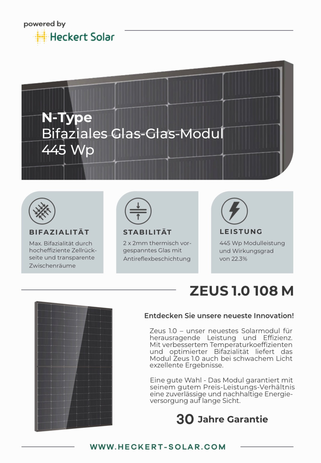 Heckert Solar 445W Solarmodul Zeus 1.0 108 M Glas-Glas (ab 128,-€/Modul)