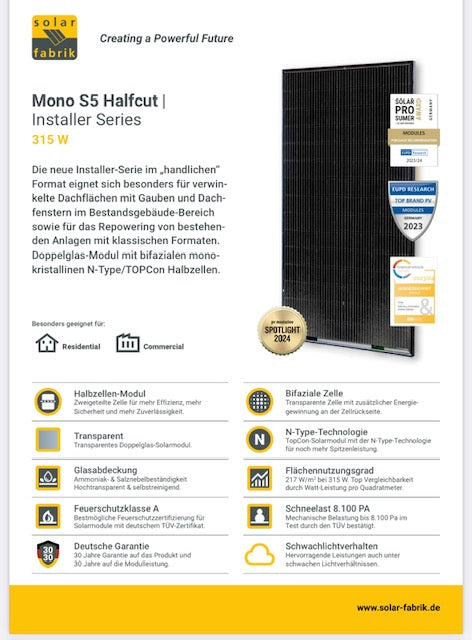 SolarFabrik 315W Mono S5 Halfcut Installer Series, Doppelglas Solarmodul, bifazial