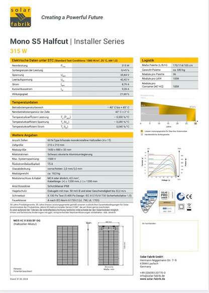 SolarFabrik 315W Mono S5 Halfcut Installer Series, Doppelglas Solarmodul, bifazial