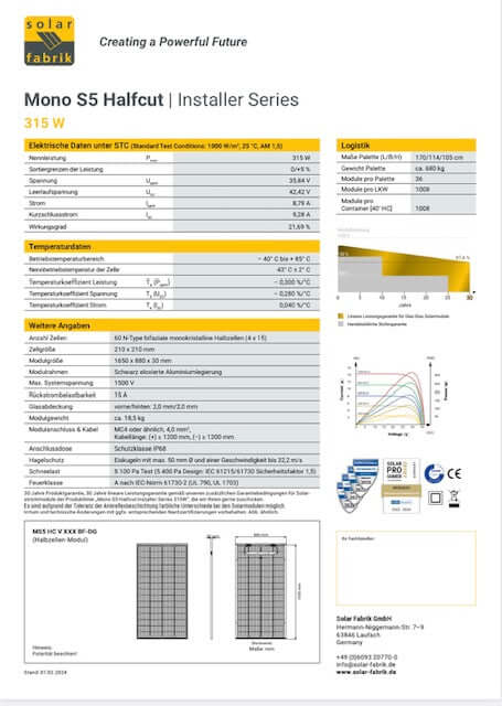 SolarFabrik 315W Mono S5 Halfcut Installer Series, Doppelglas Solarmodul, bifazial