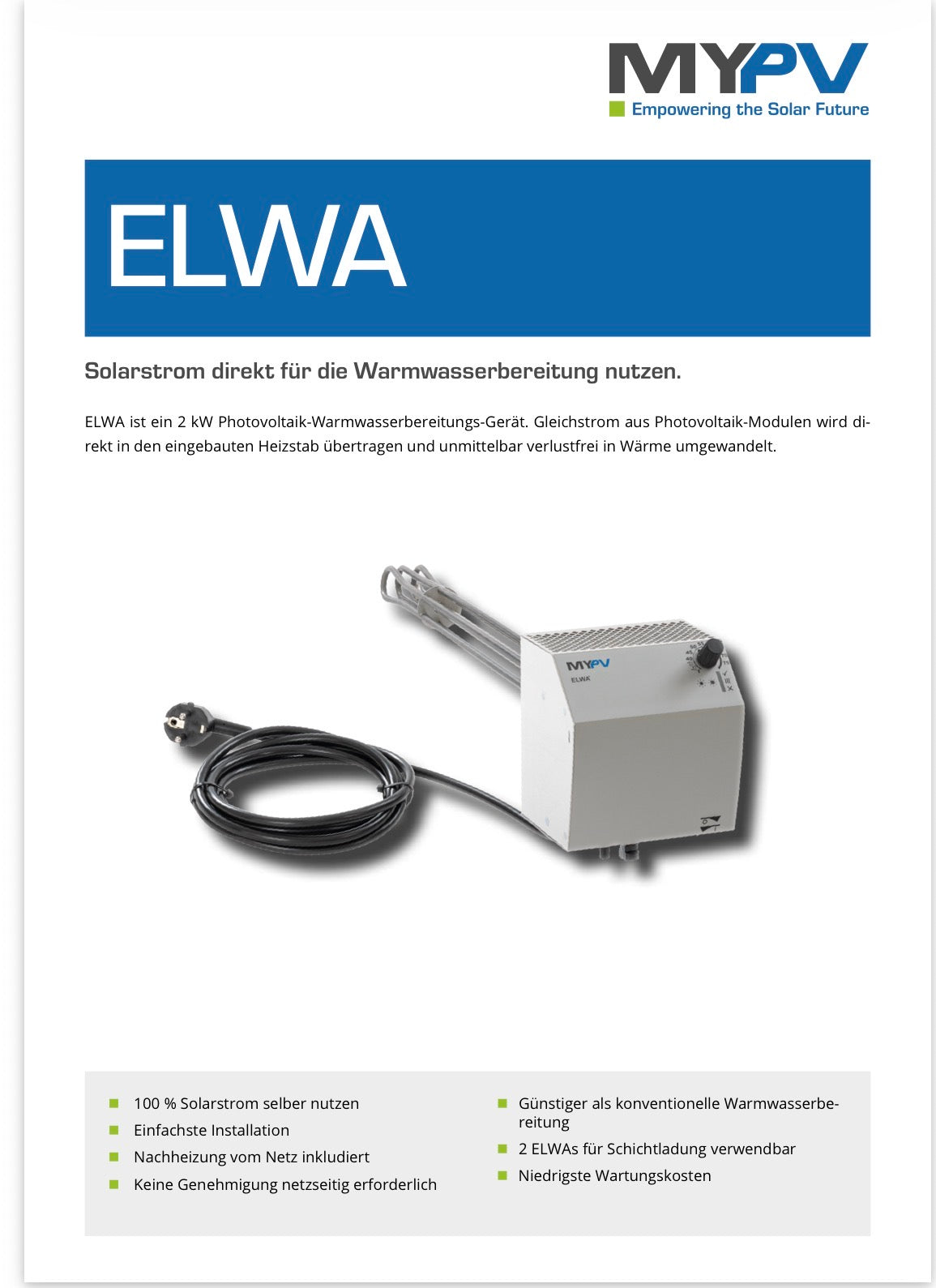 my-PV ELWA 2 kW PV Warmwasserbereiter | Solarstrom direkt nutzen