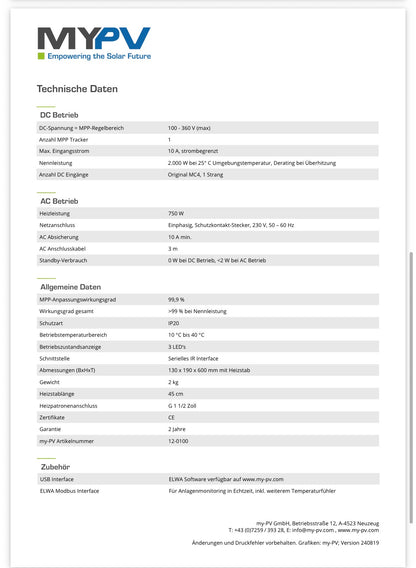 my-PV ELWA 2 kW PV Warmwasserbereiter | Solarstrom direkt nutzen