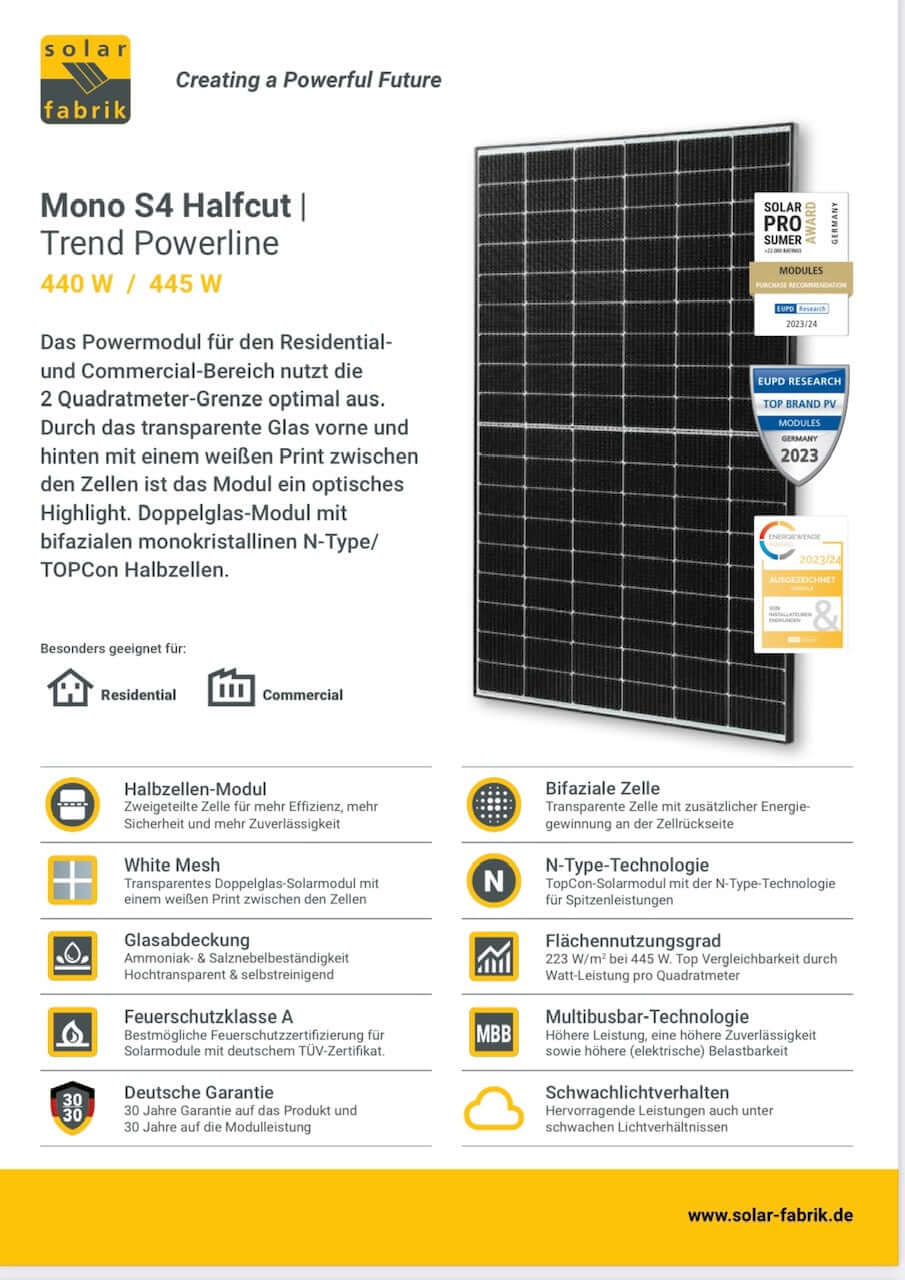 SolarFabrik 445W Doppelglas Solarmodul Mono S4 Trend Powerline, bifazial (ab 89,-€/St.)