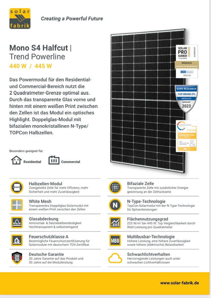 SolarFabrik 445W Doppelglas Solarmodul Mono S4 Trend Powerline, bifazial (ab 89,-€/St.)