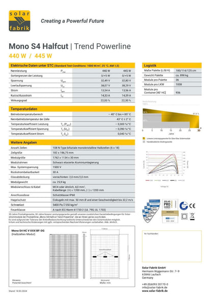 SolarFabrik 445W Doppelglas Solarmodul Mono S4 Trend Powerline, bifazial (ab 92,-€/St.)