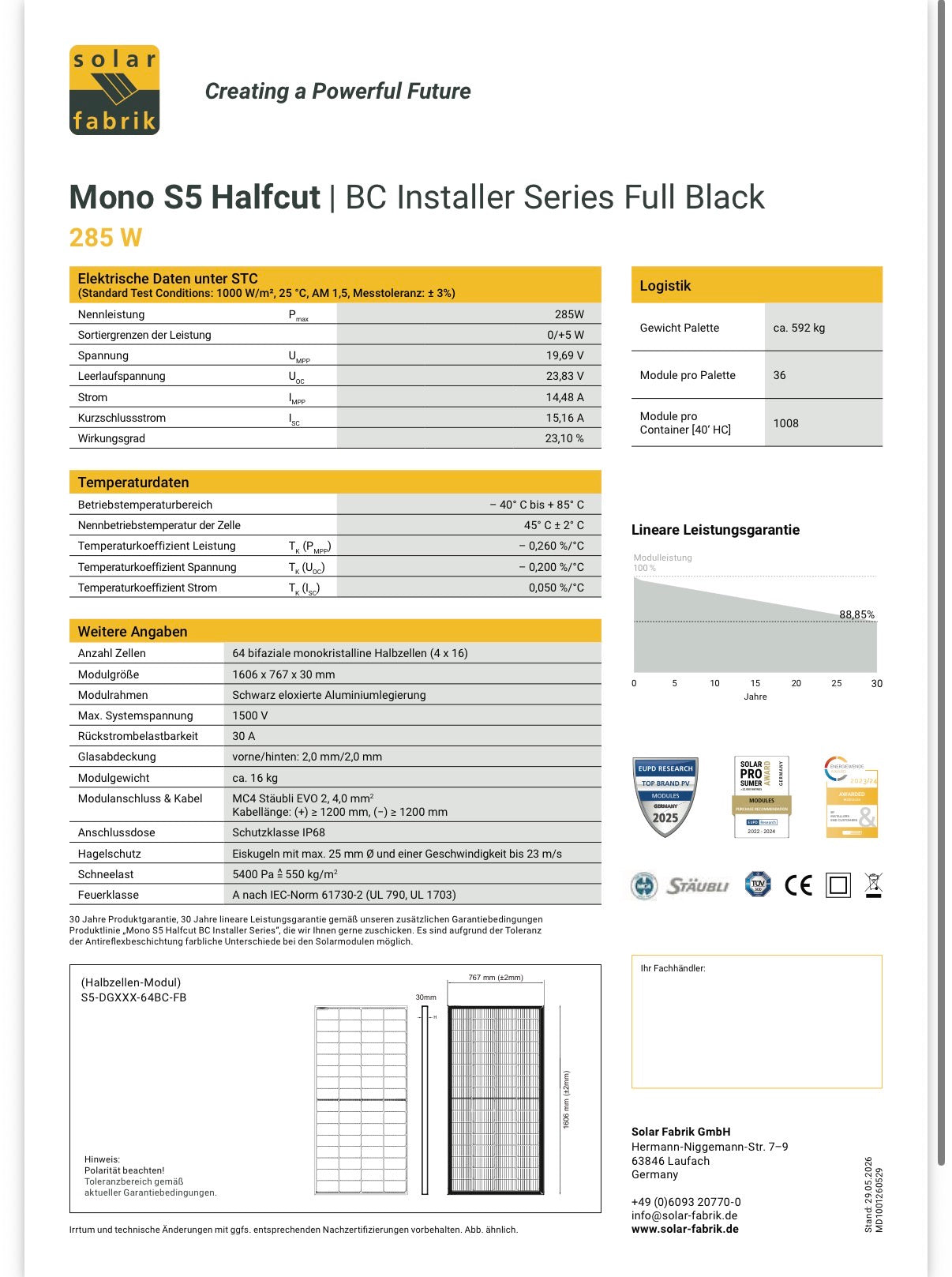 SolarFabrik 285 W Solarmodul Mono S5 BC Full Black | N-Type, Doppelglas