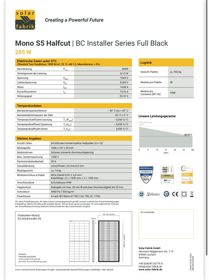 SolarFabrik 285 W Solarmodul Mono S5 BC Full Black | N-Type, Doppelglas