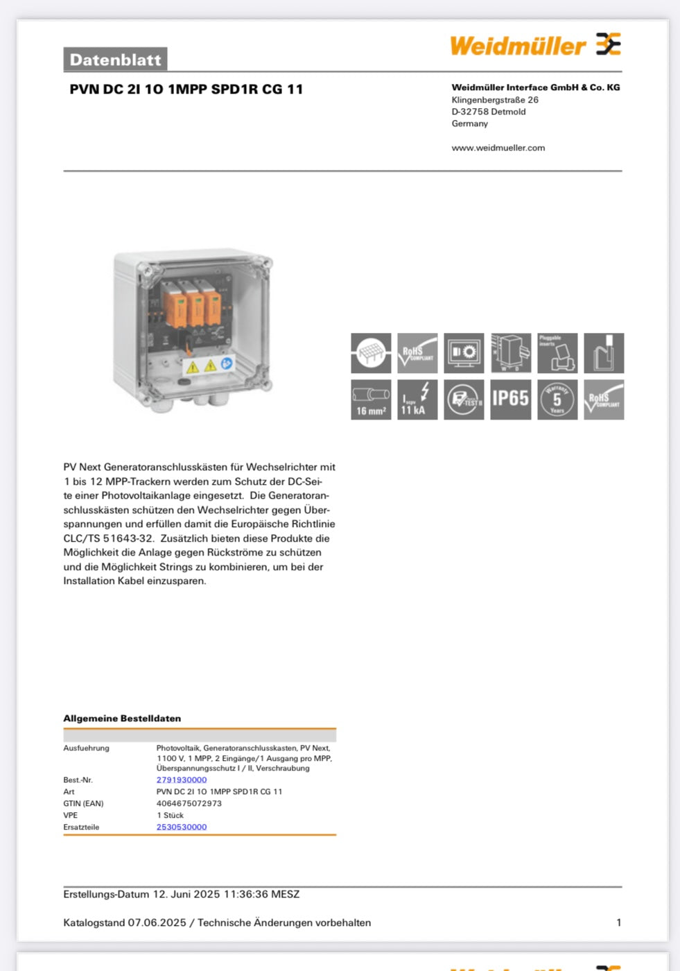 Weidmüller Generatoranschlusskasten PVN DC 2I 1O 1MPP SPD1R CG 11, Überspannungsschutz I / II