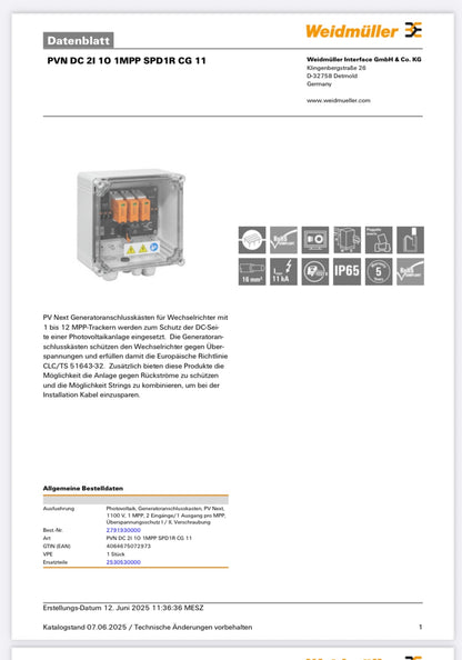 Weidmüller Generatoranschlusskasten PVN DC 2I 1O 1MPP SPD1R CG 11, Überspannungsschutz I / II