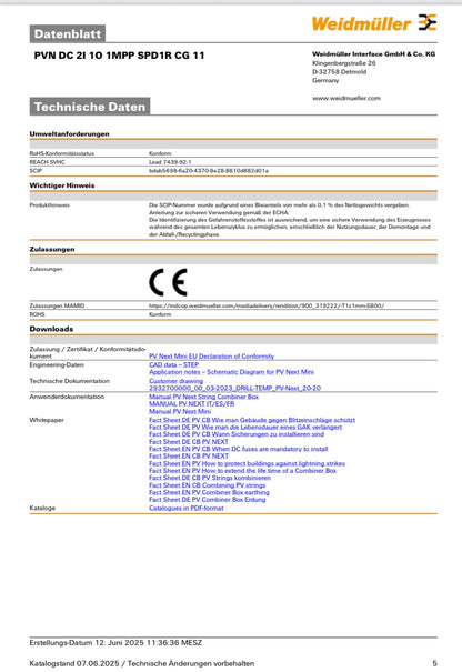 Weidmüller Generatoranschlusskasten PVN DC 2I 1O 1MPP SPD1R CG 11, Überspannungsschutz I / II