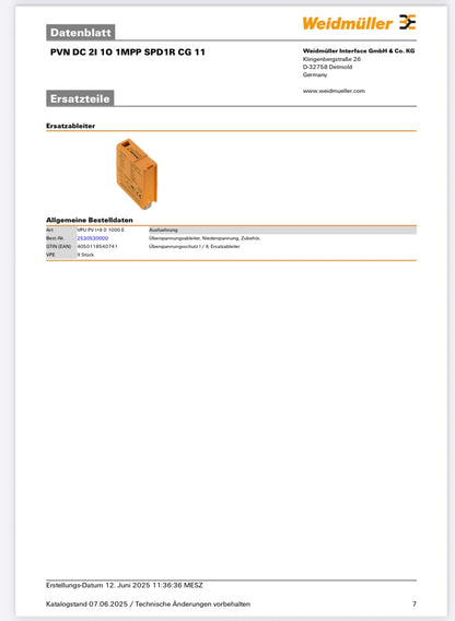 Weidmüller Generatoranschlusskasten PVN DC 2I 1O 1MPP SPD1R CG 11, Überspannungsschutz I / II