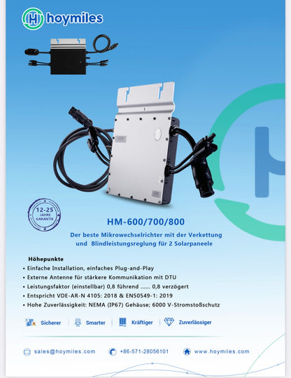 Hoymiles HM-800 Komplett-Set für Balkonkraftwerk (Leistung von 800W auf 600W reduzierbar)