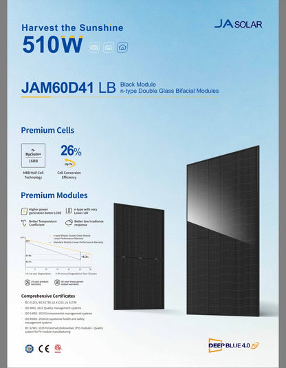 JA Solar N-Type 500W - Bifaziales Doppelglas All Black Solarmodul