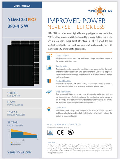 Yingli Solar 410W Solarmodul, Mono PERC, Black Frame