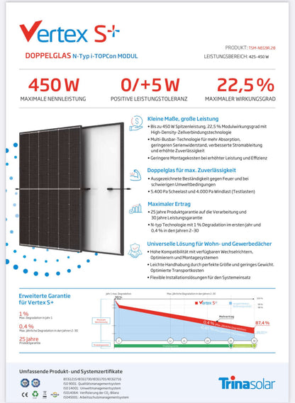Solaranlage 10,8 KWp, 24 Solarmodule Doppelglas Trina Solar a 450W + Hybrid Wechselrichter