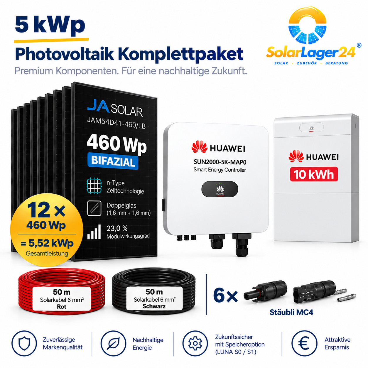5 kWp PV Photovoltaik Komplettpaket – 12× JA Solar 460 Wp Black Bifazial + Huawei MAP0