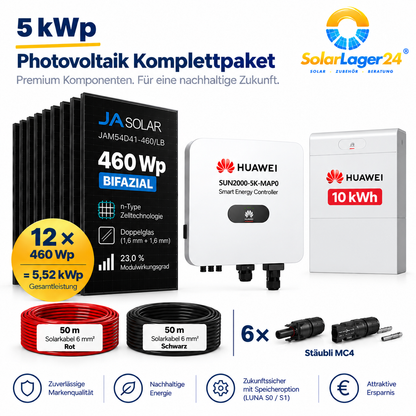 5 kWp PV Photovoltaik Komplettpaket – 12× JA Solar 460 Wp Black Bifazial + Huawei MAP0