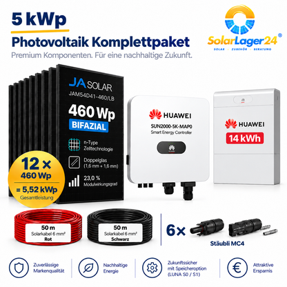 5 kWp PV Photovoltaik Komplettpaket – 12× JA Solar 460 Wp Black Bifazial + Huawei MAP0