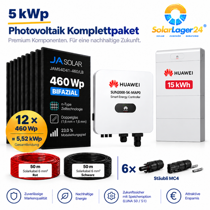 5 kWp PV Photovoltaik Komplettpaket – 12× JA Solar 460 Wp Black Bifazial + Huawei MAP0