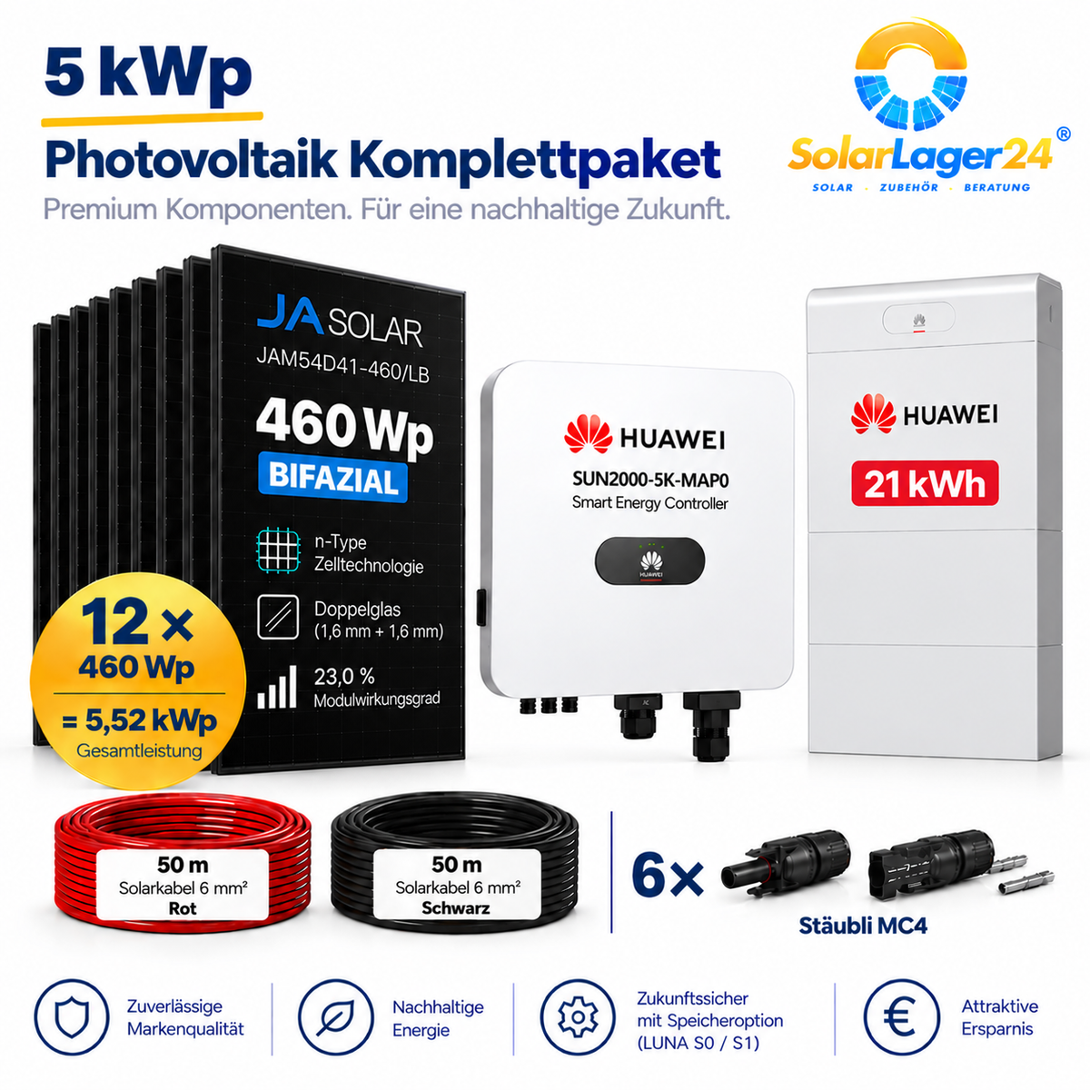5 kWp PV Photovoltaik Komplettpaket – 12× JA Solar 460 Wp Black Bifazial + Huawei MAP0