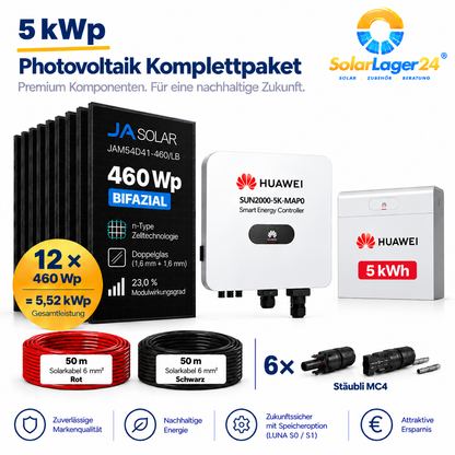 5 kWp PV Photovoltaik Komplettpaket – 12× JA Solar 460 Wp Black Bifazial + Huawei MAP0