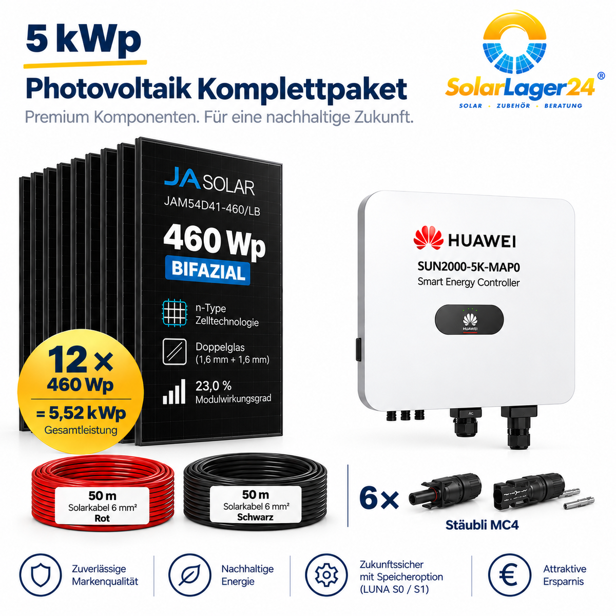 5 kWp PV Photovoltaik Komplettpaket – 12× JA Solar 460 Wp Black Bifazial + Huawei MAP0