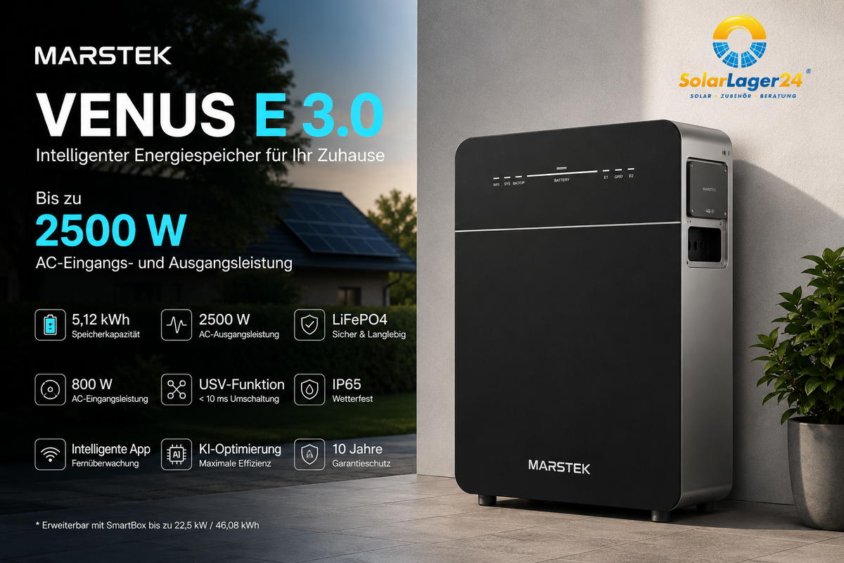 MARSTEK VENUS E 3.0 – bisheriges Hauptbild mit Produktansicht, Leistungsmerkmalen und SolarLager24 Logo.