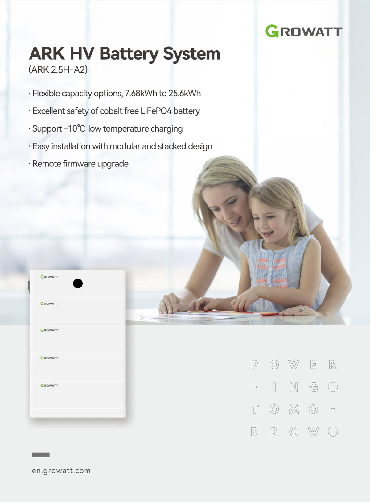 Growatt ARK 2.5H-A2 Hochvolt-Batteriesystem und HVC 60050-C2 – Herstellerdatenblatt, Seite 1 von 2, Produktübersicht und Eigenschaften.