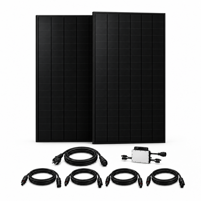 2 JA Solar 500W XL FullBlack-Solarmodule mit Hoymiles HMS-800-2WB, AC-Anschlusskabel und 4 DC-Verlängerungen – 1000 Wp