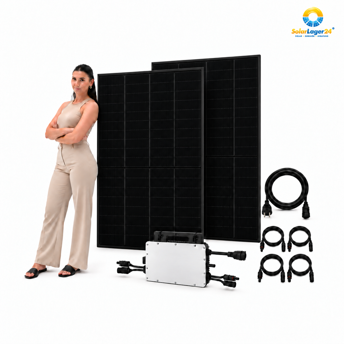 2 Trina Solar 460W FullBlack-Solarmodule mit Hoymiles HMS-800-2WB, AC-Anschlusskabel und 4 DC-Verlängerungen – 920 Wp, mit schwarzhaarigem Model, SolarLager24-Logo oben rechts