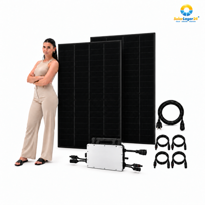 2 Trina Solar 460W FullBlack-Solarmodule mit Hoymiles HMS-800-2WB, AC-Anschlusskabel und 4 DC-Verlängerungen – 920 Wp, mit schwarzhaarigem Model, SolarLager24-Logo oben rechts