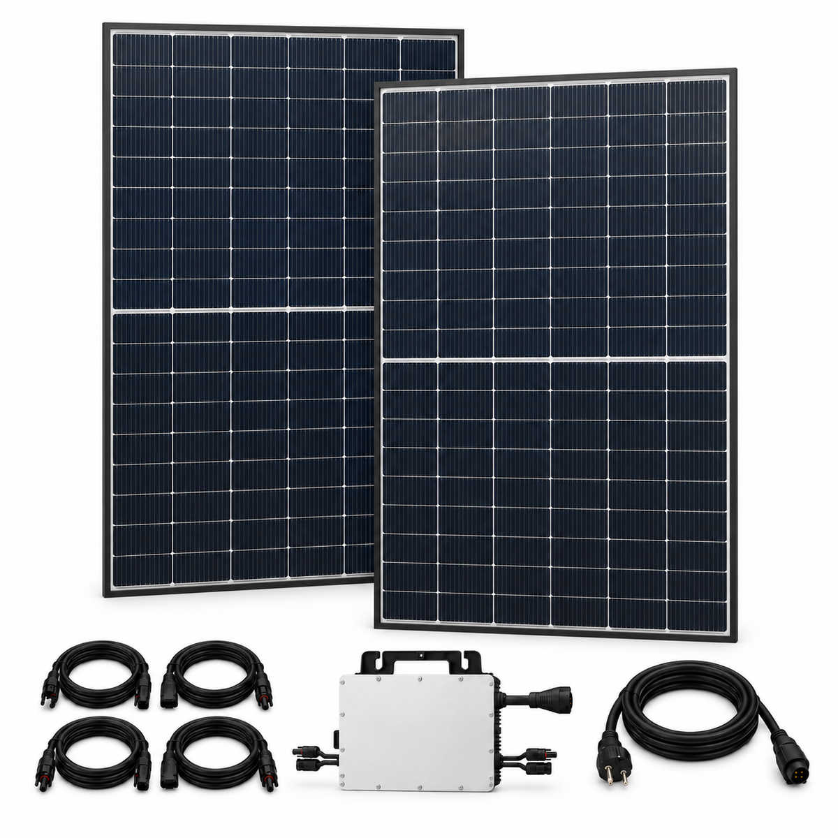 2 Trina Solar 470W Doppelglas-Solarmodule mit Hoymiles HMS-800-2WB, AC-Anschlusskabel und 4 DC-Verlängerungen – 940 Wp