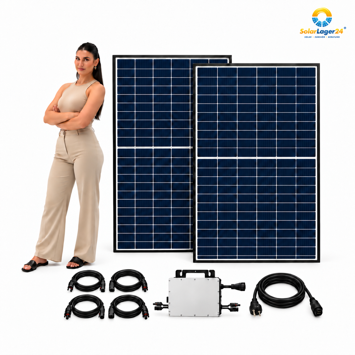 2 Trina Solar 470W Doppelglas-Solarmodule mit Hoymiles HMS-800-2WB, AC-Anschlusskabel und 4 DC-Verlängerungen – 940 Wp, mit schwarzhaarigem Model, SolarLager24-Logo oben rechts