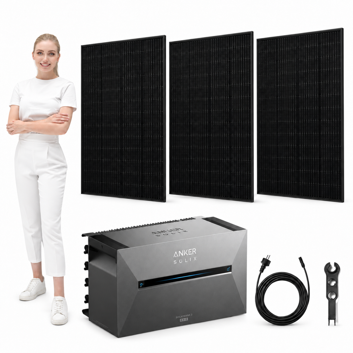 3 Trina Solar 460W Full Black Solarmodule mit ANKER SOLIX Solarbank 3 Pro, AC-Kabel und MC4-Schlüssel – 1380 Wp, mit Model