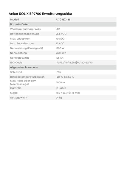 Anker SOLIX BP2700 Erweiterungsakku – technische Datenseite aus dem deutschen Herstellerhandbuch mit Kapazität, Abmessungen und Gewicht.