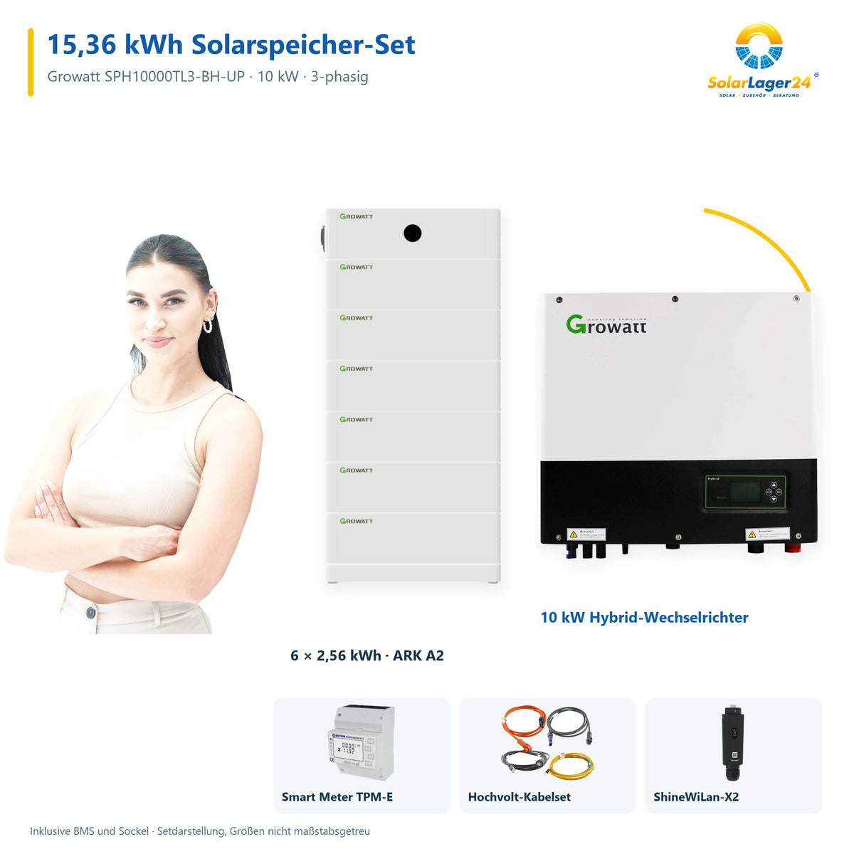 SolarLager24 Setübersicht mit dunkelhaarigem Model: 15,36 kWh ARK A2 mit 10 kW Growatt SPH10000TL3-BH-UP, Smart Meter und ShineWiLan-X2.