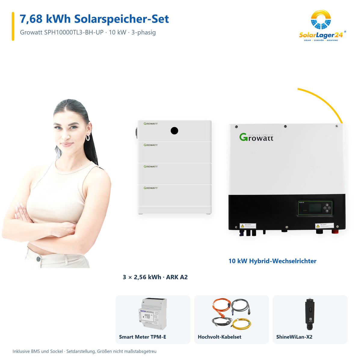 SolarLager24 Setübersicht mit dunkelhaarigem Model: 7,68 kWh ARK A2 mit 10 kW Growatt SPH10000TL3-BH-UP, Smart Meter und ShineWiLan-X2.