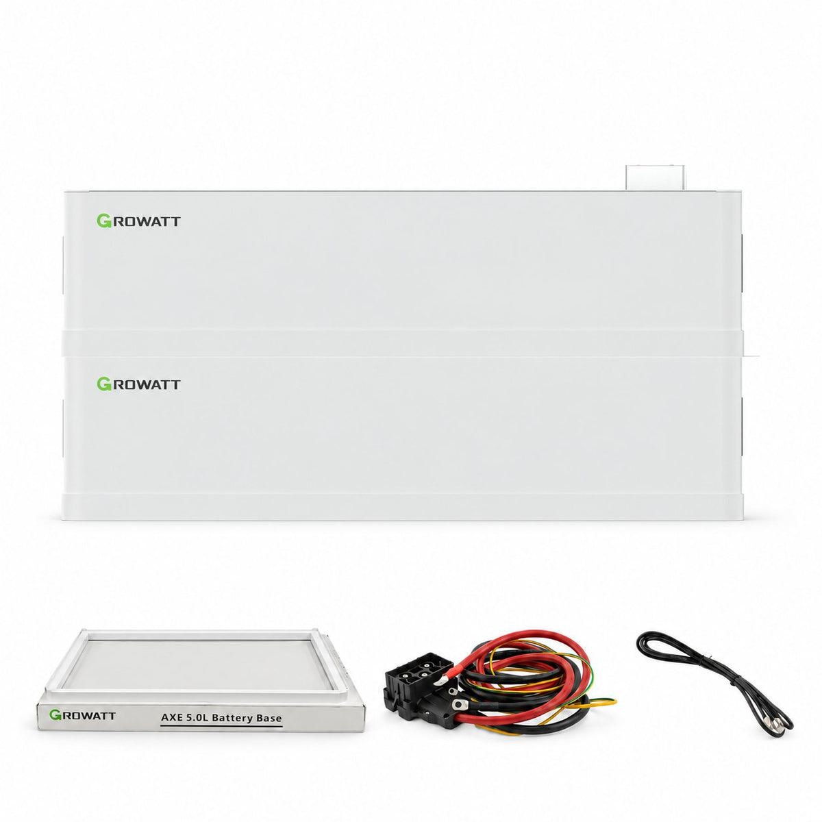 Growatt AXE 10.0L Solarspeicher-Set mit 10 kWh: 2 Batteriemodule, separat abgebildete AXE 5.0L Battery Base sowie Leistungs- und Kommunikationskabel.